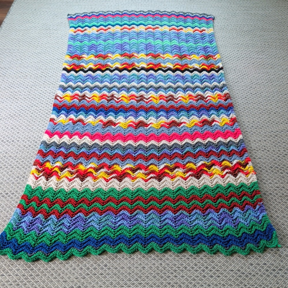 Vtg Rainbow Zig Zag Chevron Afghan Granny Core Blanket Throw Lap 64x34 Boho VGUC